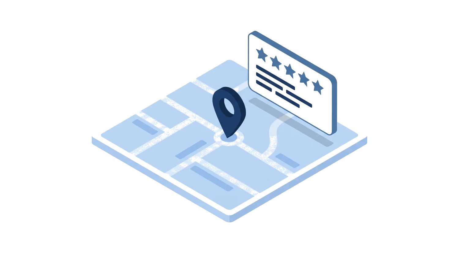 A local map with a location pin and a 5-star review card — showing up in local search