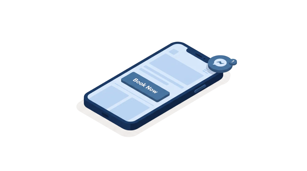 A phone showing a website with a Book Now button and a new message notification