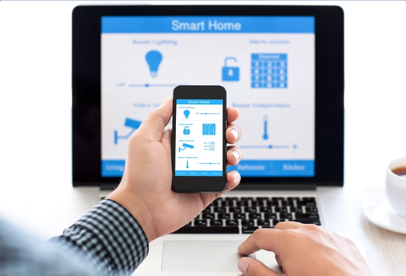 Smart home control app shown on a phone and laptop