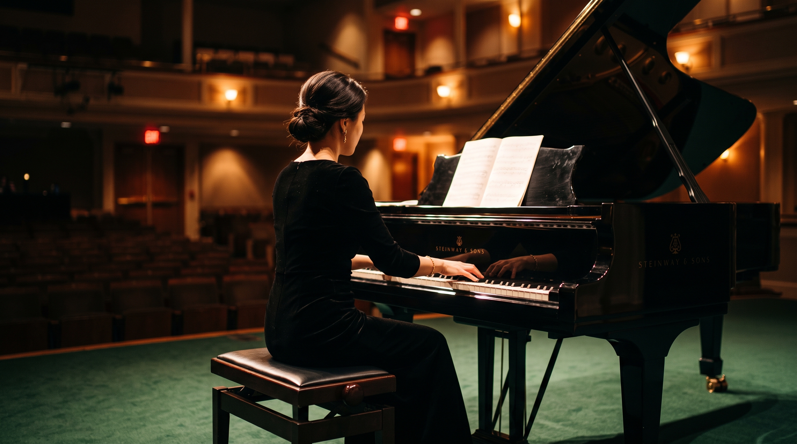 Instructor at the grand piano on a concert hall stage